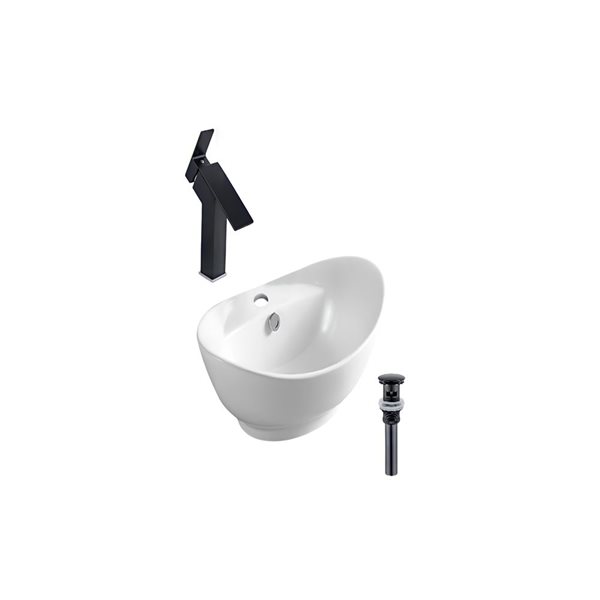 Ensemble lavabo-vasque ovale contemporain DROP Bath and Kitchen 23,2 po l. blanc en céramique, robinet et bonde noirs