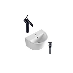 DROP Bath and Kitchen 17.5-in W Semi-Circular Ceramic Wall Mount Bath Vessel Sink in White w/ Black Faucet and Drain