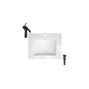 DROP Bath and Kitchen 23.6-in W Rectangular Ceramic Bathroom Vanity Top Set in White with Black Faucet and Drain