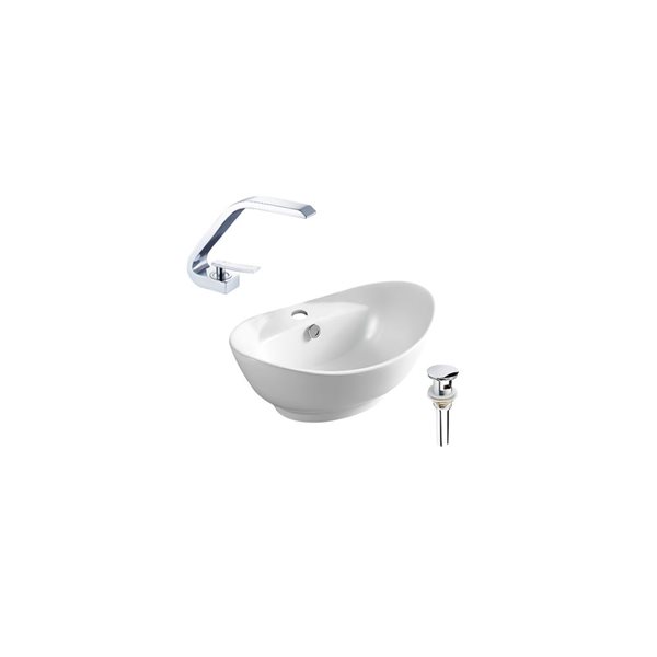 Ensemble à vasque ovale blanche DROP Bath and Kitchen 23,2 po l. en céramique sur plan, robinet et bonde chromés