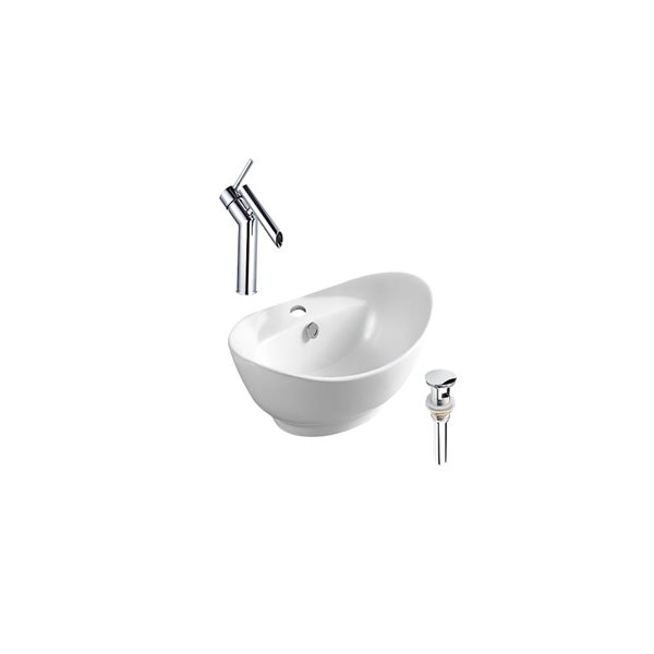 DROP Bath and Kitchen 23.2-in W Oval White Ceramic Above Counter Bath Vessel Sink Set w/ Chrome Faucet and Drain