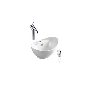 Ensemble lavabo-vasque ovale blanche DROP Bath and Kitchen 23,2 po l. en céramique sur plan, robinet et bonde chromés