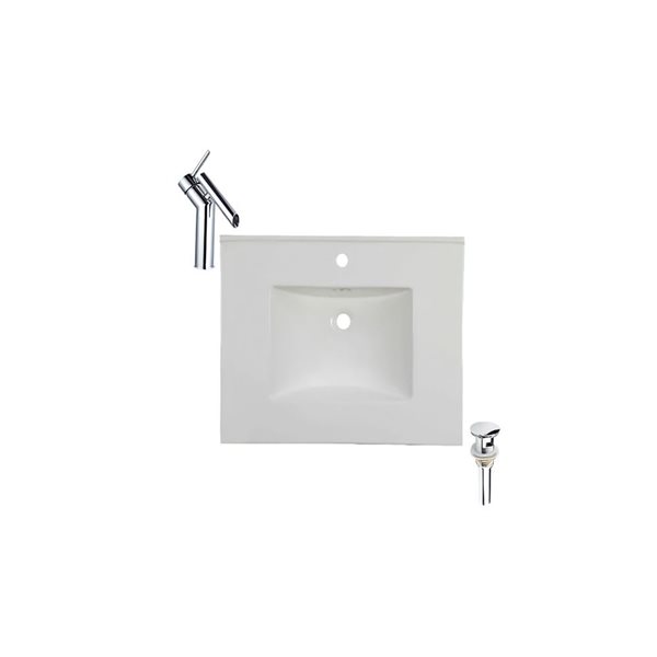 Ensemble comptoir-lavabo monobloc rectangulaire blanc DROP Bath and Kitchen 20,2 po l. céramique, robinet/bonde chromés