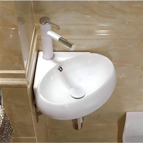 DROP Bath and Kitchen 13.7-in W Corner Wall Mount Oval Ceramic Vessel Sink in White