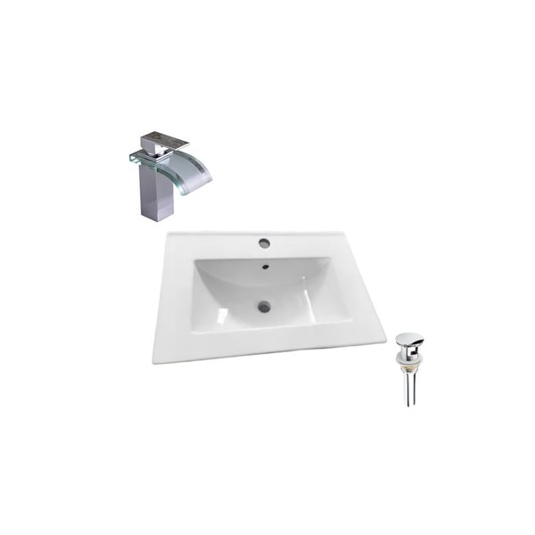 Ensemble comptoir-lavabo monobloc rectangulaire blanc DROP Bath and Kitchen céramique 24,2 po l., robinet/bonde chromés