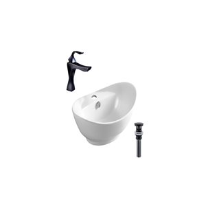 DROP Bath and Kitchen 23.2-in W Oval Ceramic Above Counter Bathroom Vessel Set in White with Black Faucet and Drain