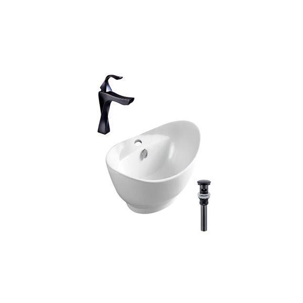 Ensemble à vasque ovale blanche DROP Bath and Kitchen 23,2 po l. en céramique sur plan, robinet et bonde noirs