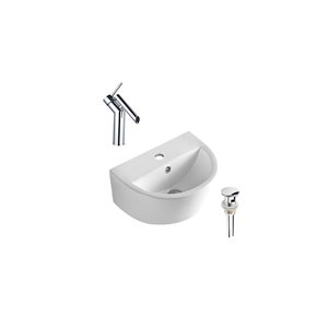 DROP Bath and Kitchen 17.5-in W Semi-Circular Ceramic Wall Mount Vessel Set in White w/ Chrome Faucet and Drain