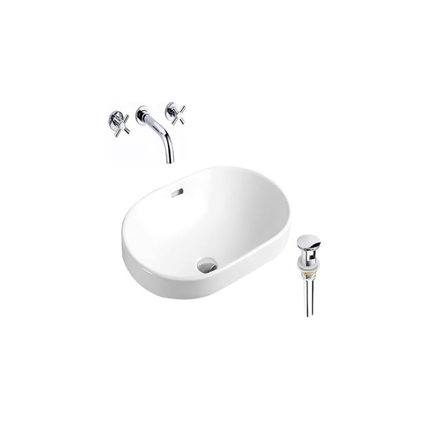 DROP Bath and Kitchen 23.8-in W Oval Ceramic Bathroom Vessel Sink Set in White with Chrome Faucet and Drain