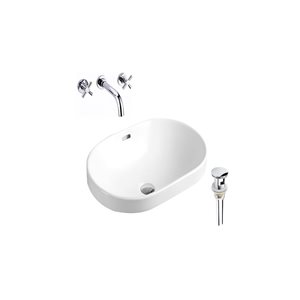 DROP Bath and Kitchen 23.8-in W Oval Ceramic Bathroom Vessel Sink Set in White with Chrome Faucet and Drain