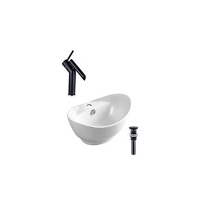 Ensemble lavabo-vasque ovale sur plan DROP Bath and Kitchen 23,2 po l. blanc en céramique, robinet et bonde noirs