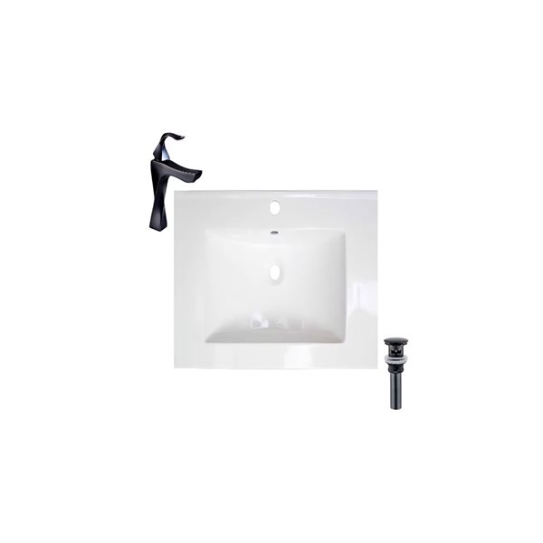 Ensemble comptoir-lavabo monobloc rectangle blanc DROP Bath and Kitchen céramique de 23,6 po l., robinet/bonde noirs