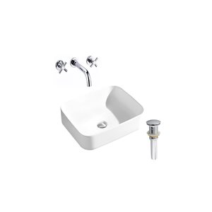 DROP Bath and Kitchen 20-in W Rectangular Ceramic Bathroom Vessel Sink Set in White with Chrome Faucet and Drain