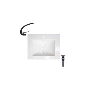 Ensemble comptoir-lavabo monobloc rectangle DROP Bath and Kitchen céramique blanche de 23,6 po l., robinet/bonde noirs