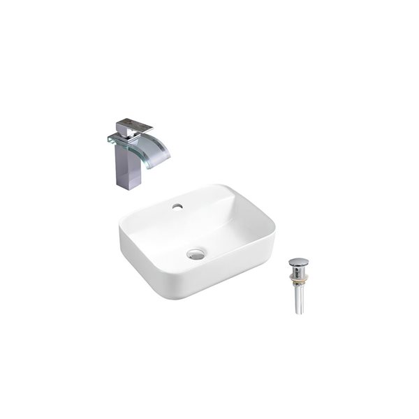 Ensemble lavabo-vasque rectrangle sur plan DROP Bath and Kitchen 20,3 po l. blanc en céramique, bonde et robinet chromés