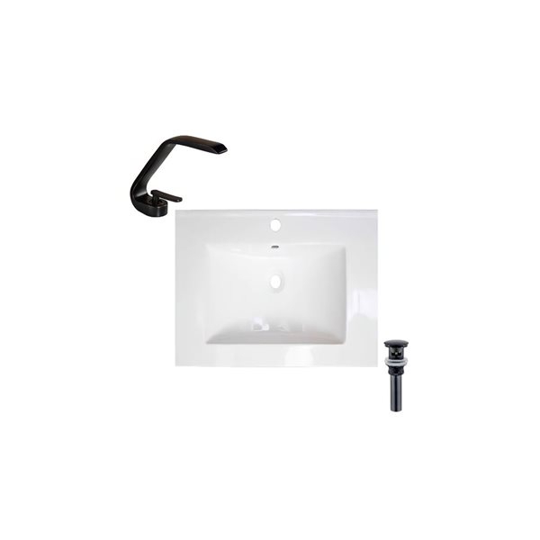 DROP Bath and Kitchen 23.6-in W Rectangular Ceramic Bathroom Vanity Top Set in White with Black Faucet and Drain