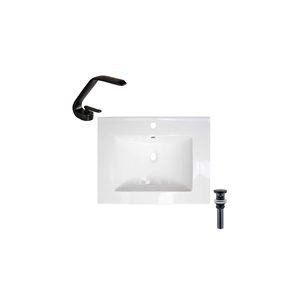 Ensemble comptoir-lavabo monobloc rectangle DROP Bath and Kitchen blanc en céramique de 23,6 po l., robinet/bonde noirs