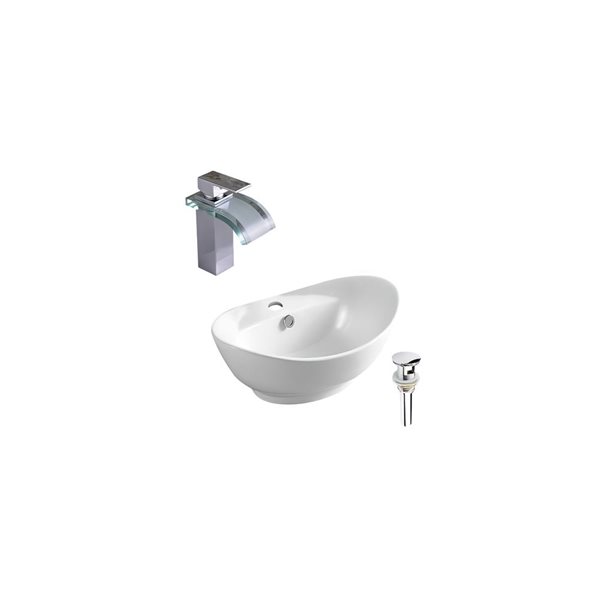 DROP Bath and Kitchen 23.2-in W Oval White Ceramic Bathroom Vessel Sink Set with Chrome Single Hole Faucet and Drain