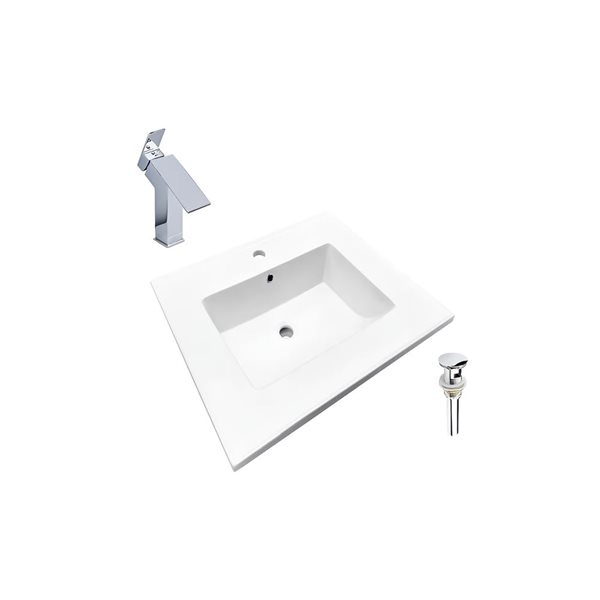 Ensemble comptoir-lavabo monobloc DROP Bath and Kitchen céramique blanche rectangle de 16,3 po l., robinet/bonde chromés