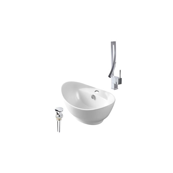 Ensemble lavabo-vasque ovale DROP Bath and Kitchen contemporaine 23,2 po l. blanc céramique, robinet/bonde chromés