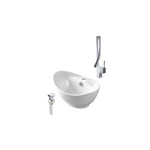 Ensemble lavabo-vasque ovale DROP Bath and Kitchen contemporaine 23,2 po l. blanc céramique, robinet/bonde chromés