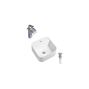 DROP Bath and Kitchen 15.3-in W Square White Ceramic Modern Bathroom Vessel Sink Set with Chrome Faucet and Drain