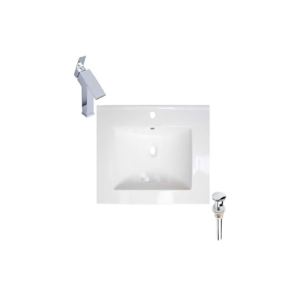 DROP Bath and Kitchen 23.6-in W Rectangular Ceramic Bathroom Vanity Top Set in White with Chrome Faucet and Drain