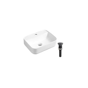 DROP Bath and Kitchen 20.3-in W Rectangular Ceramic Above Counter Bathroom Vessel Sink Set in White with Black Drain