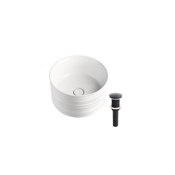 DROP Bath and Kitchen 16.3-in W Round Ceramic Bathroom Vessel Sink Set in White with Black Drain