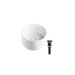 DROP Bath and Kitchen 16.3-in W Round Ceramic Bathroom Vessel Sink Set in White with Black Drain