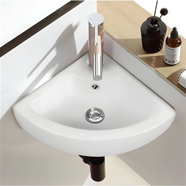 DROP Bath and Kitchen 18.7-in W Triangular White Ceramic Wall Mount Bath Vessel Sink Set with Chrome Faucet and Drain