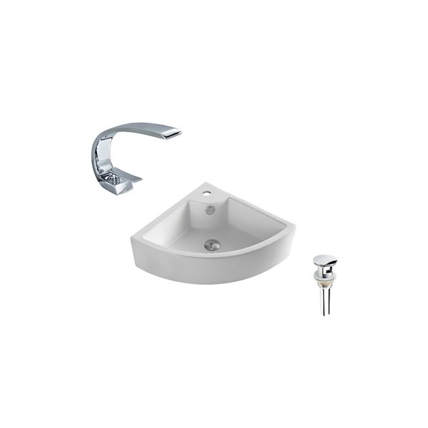 DROP Bath and Kitchen 18.7-in W Triangular White Ceramic Wall Mount Bath Vessel Sink Set with Chrome Faucet and Drain