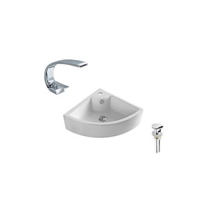 DROP Bath and Kitchen 18.7-in W Triangular White Ceramic Wall Mount Bath Vessel Sink Set with Chrome Faucet and Drain