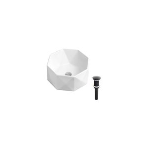 DROP Bath and Kitchen 16.5-in W Octagon Ceramic Bathroom Vessel Sink Set in White with Black Drain