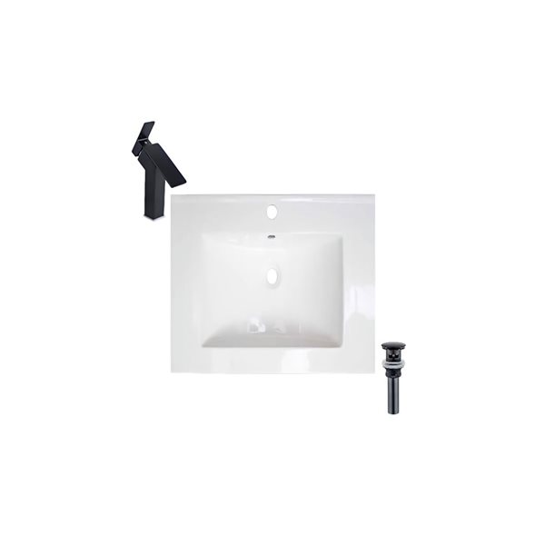 DROP Bath and Kitchen 23.6-in W Rectangular White Ceramic Bathroom Vanity Top Set with Black Faucet and Drain