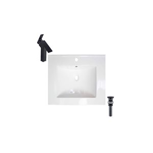 Ensemble comptoir-lavabo monobloc rectangle DROP Bath and Kitchen céramique blanche 23,6 po l., robinet et bonde noirs