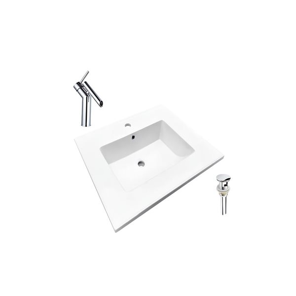 Ensemble comptoir-lavabo monobloc rectangle DROP Bath and Kitchen céramique blanche de 16,3 po l., robinet/bonde chromés