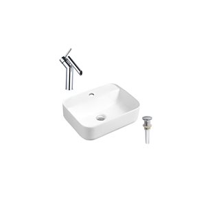 DROP Bath and Kitchen 20.3-in W Rectangle White Ceramic Above Counter Bath Vessel Sink Set w/ Chrome Faucet and Drain