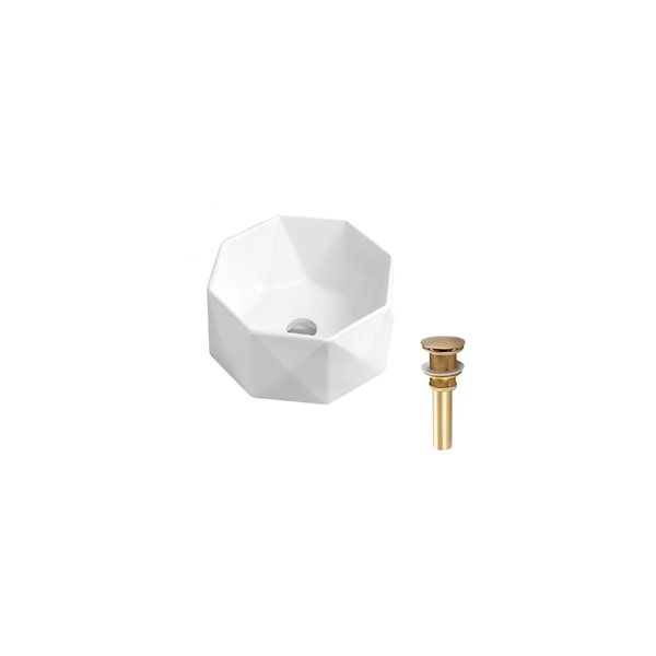 DROP Bath and Kitchen 16.5-in W Octagon Ceramic Bathroom Vessel Sink Set in White with Gold Drain