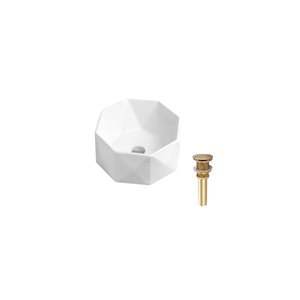 DROP Bath and Kitchen 16.5-in W Octagon Ceramic Bathroom Vessel Sink Set in White with Gold Drain