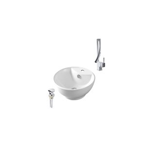 DROP Bath and Kitchen 18-in Round Ceramic Above Counter Bathroom Vessel Sink Set in White w/ Chrome Faucet and Drain