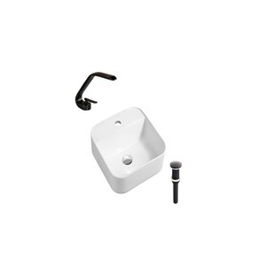 DROP Bath and Kitchen 15.3-in Square Ceramic Above Counter Bathroom Vessel Sink Set in White w/ Black Faucet and Drain