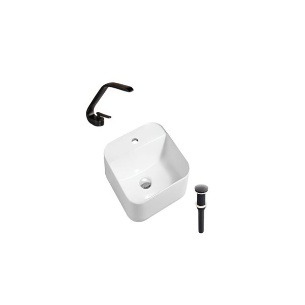 Lavabo-vasque blanc DROP Bath and Kitchen 15,3 po carré sur plan en céramique avec robinet et bonde noirs