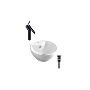 DROP Bath and Kitchen 18-in Round Ceramic Above Counter Vessel Sink Set in White w/ Black Drain and Faucet