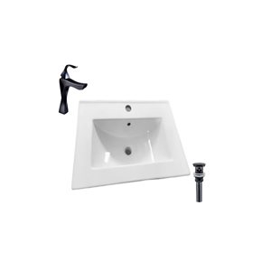 Comptoir-lavabo monobloc rectangle en céramique DROP Bath and Kitchen blanc de 24,2 po avec bonde et robinet noirs