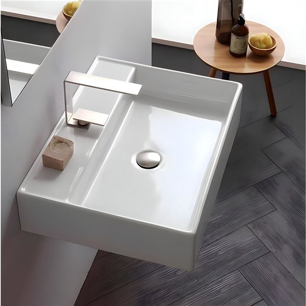 DROP Bath and Kitchen 13.4-in White Rectangular Wall Mount Bathroom Vessel Sink Set w/ Black Faucet and Drain