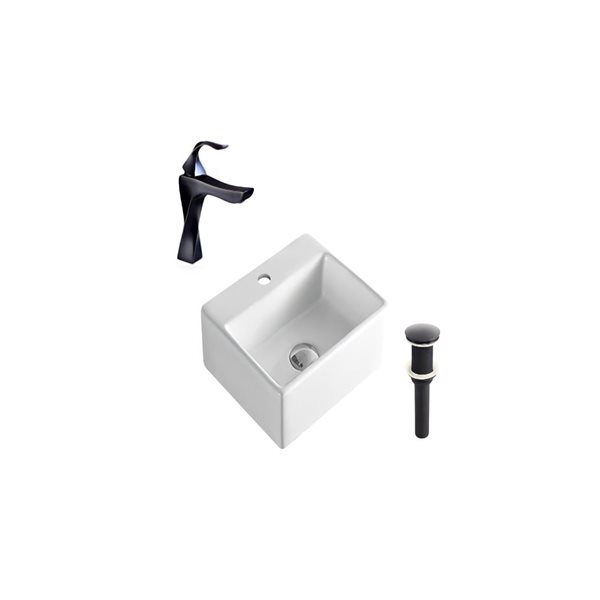 DROP Bath and Kitchen 13.4-in White Rectangular Wall Mount Bathroom Vessel Sink Set w/ Black Faucet and Drain