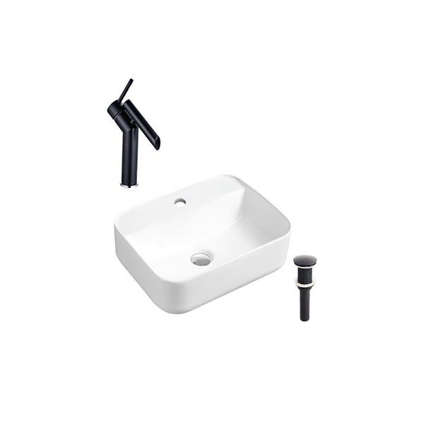 DROP Bath and Kitchen 20.3-in White Rectangular Ceramic Above Counter Vessel Sink Set w/ Black Faucet and Drain