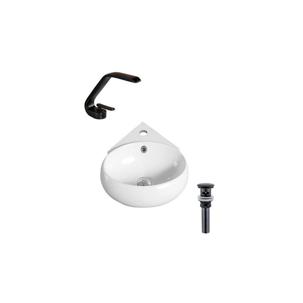 DROP Bath and Kitchen 13.7-in White Oval Ceramic Bathroom Vessel Sink w/ Black Faucet and Drain