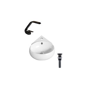 DROP Bath and Kitchen 13.7-in White Oval Ceramic Bathroom Vessel Sink w/ Black Faucet and Drain